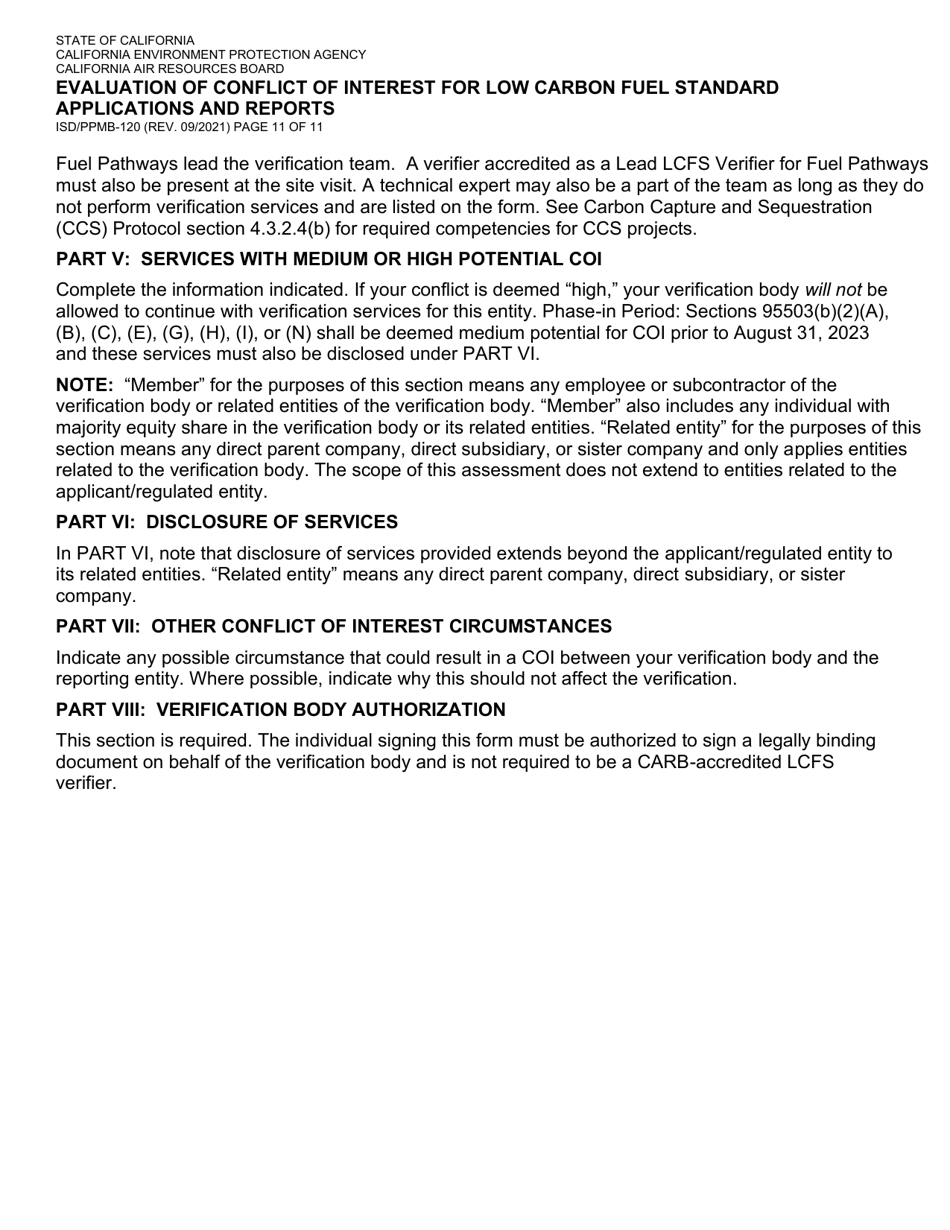 Form ISD / PPMB-120 Evaluation of Conflict of Interest for Low Carbon Fuel Standard Applications and Reports - California, Page 11