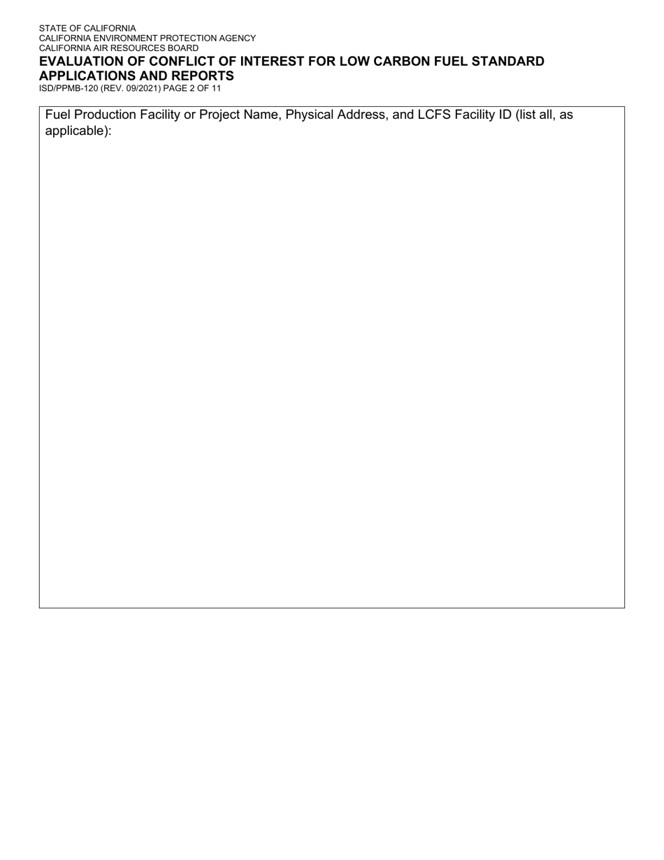 Form ISD / PPMB-120 Evaluation of Conflict of Interest for Low Carbon Fuel Standard Applications and Reports - California, Page 2