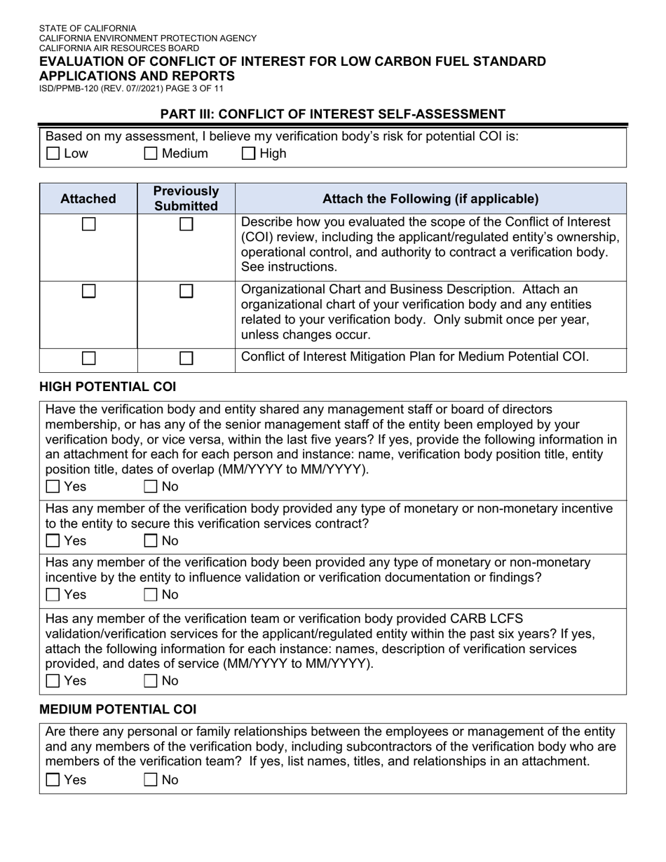 Form ISD / PPMB-120 Evaluation of Conflict of Interest for Low Carbon Fuel Standard Applications and Reports - California, Page 3