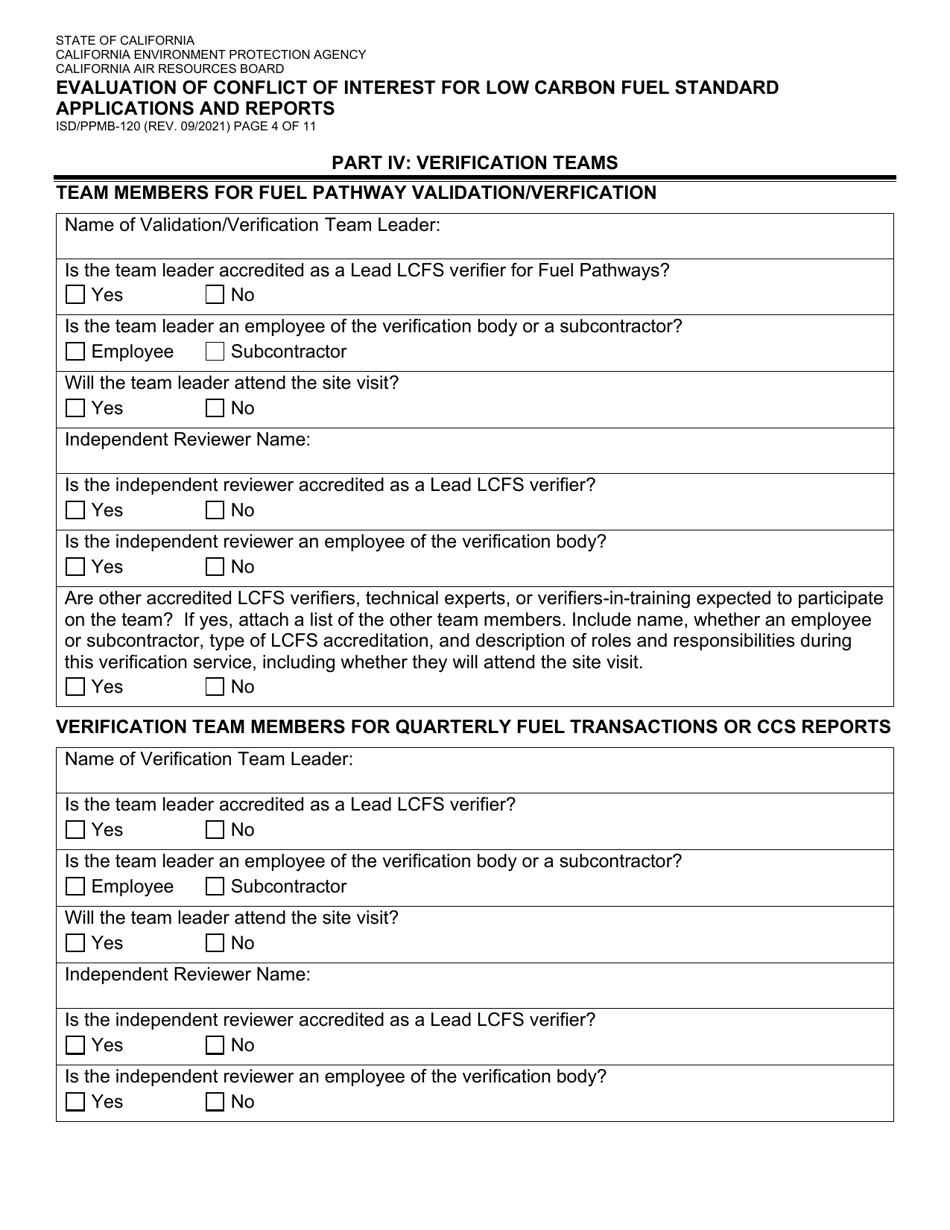 Form ISD / PPMB-120 Evaluation of Conflict of Interest for Low Carbon Fuel Standard Applications and Reports - California, Page 4