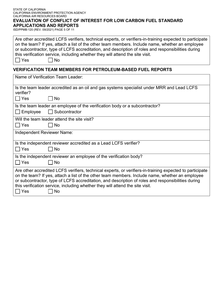Form ISD / PPMB-120 Evaluation of Conflict of Interest for Low Carbon Fuel Standard Applications and Reports - California, Page 5