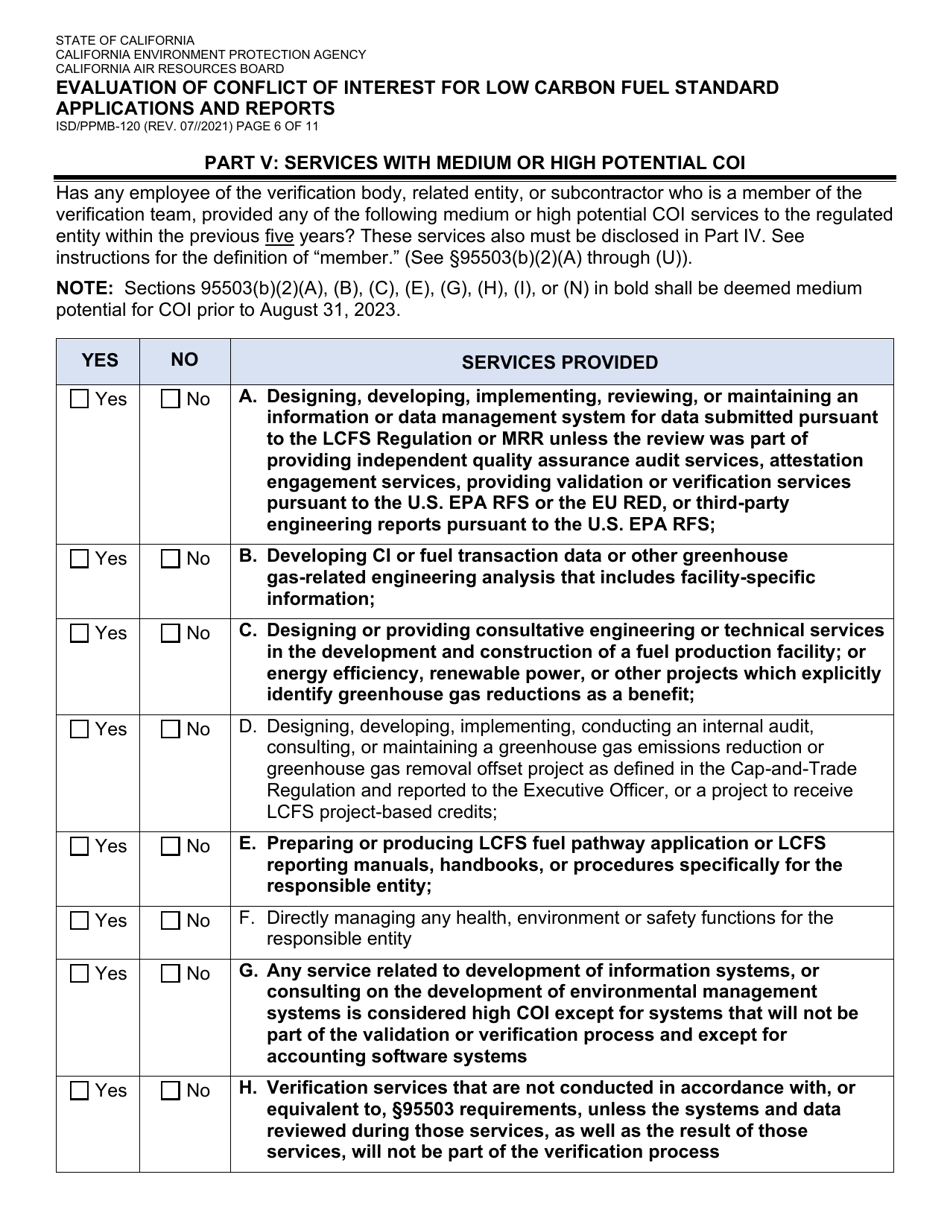Form ISD / PPMB-120 Evaluation of Conflict of Interest for Low Carbon Fuel Standard Applications and Reports - California, Page 6