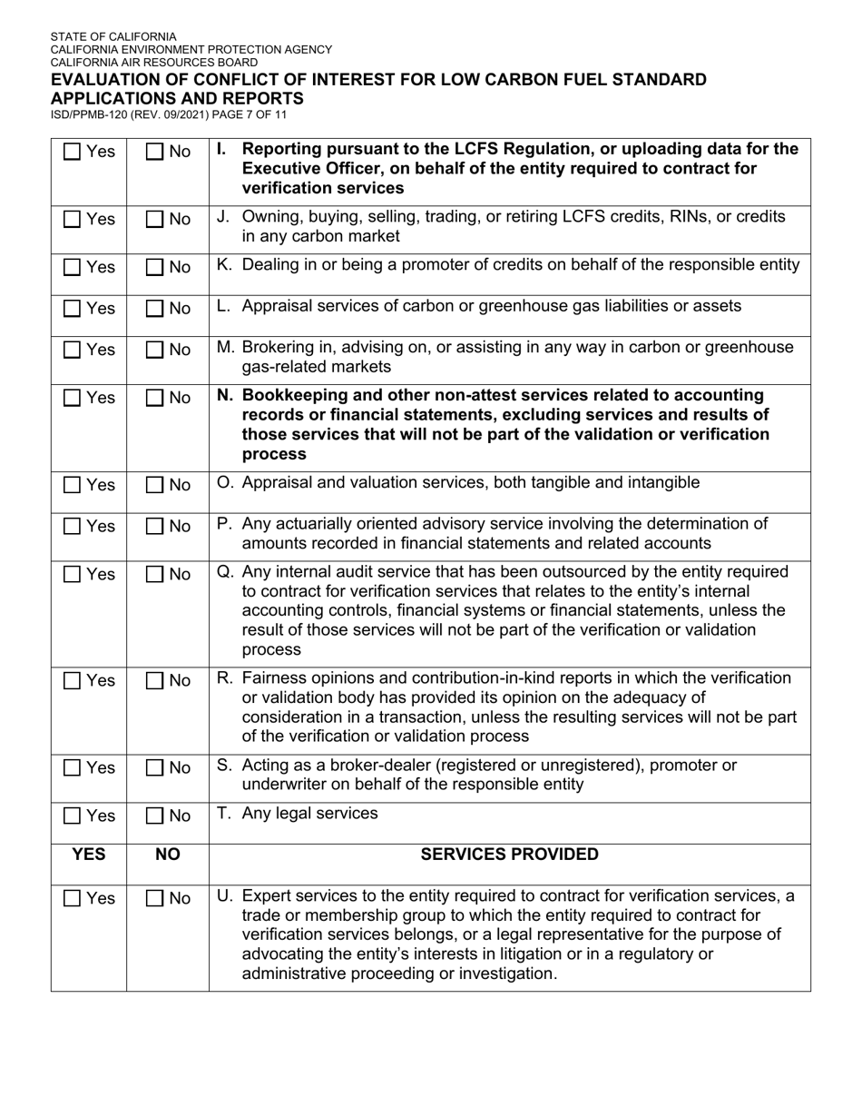 Form ISD / PPMB-120 Evaluation of Conflict of Interest for Low Carbon Fuel Standard Applications and Reports - California, Page 7