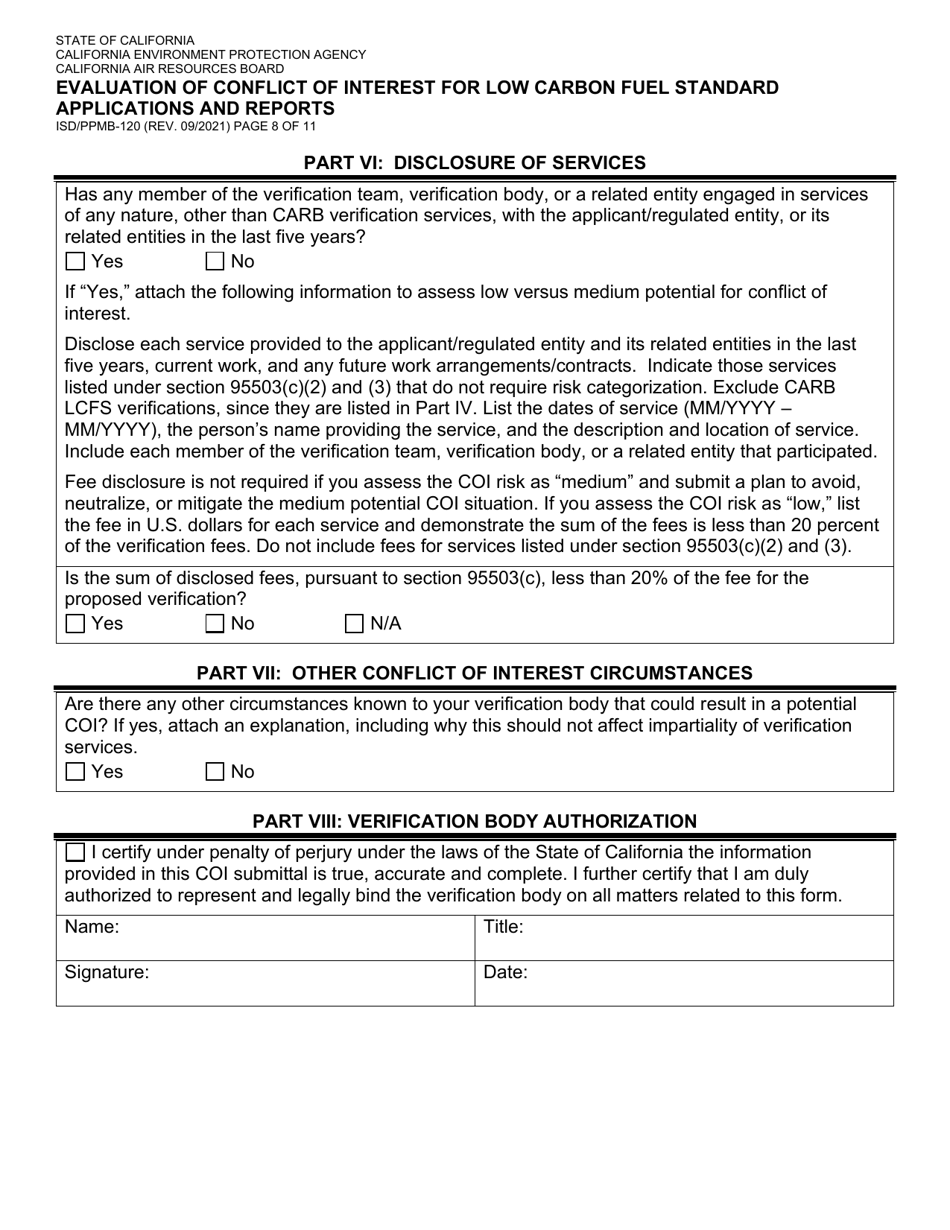 Form ISD / PPMB-120 Evaluation of Conflict of Interest for Low Carbon Fuel Standard Applications and Reports - California, Page 8