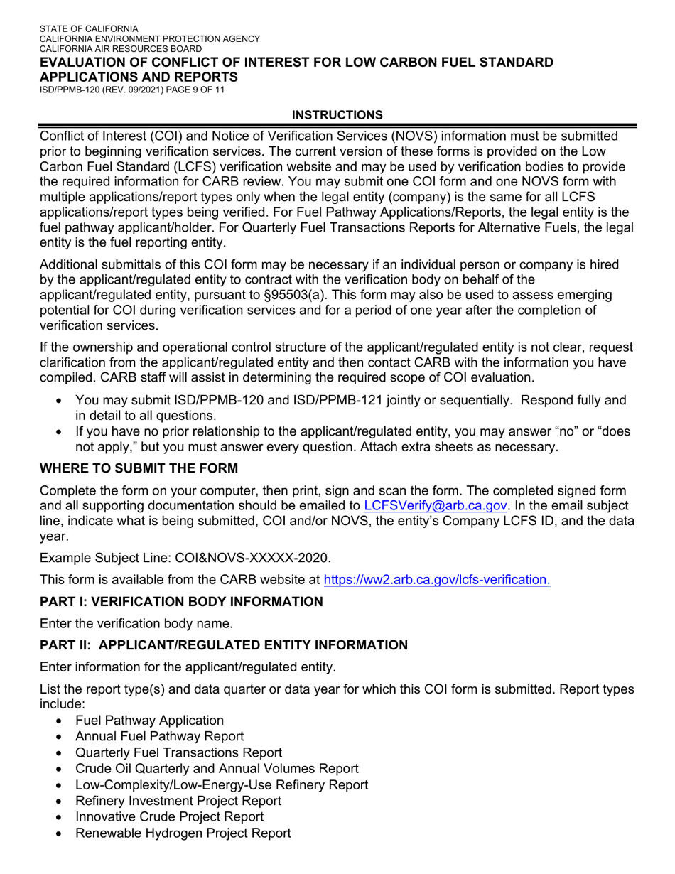 Form ISD / PPMB-120 Evaluation of Conflict of Interest for Low Carbon Fuel Standard Applications and Reports - California, Page 9