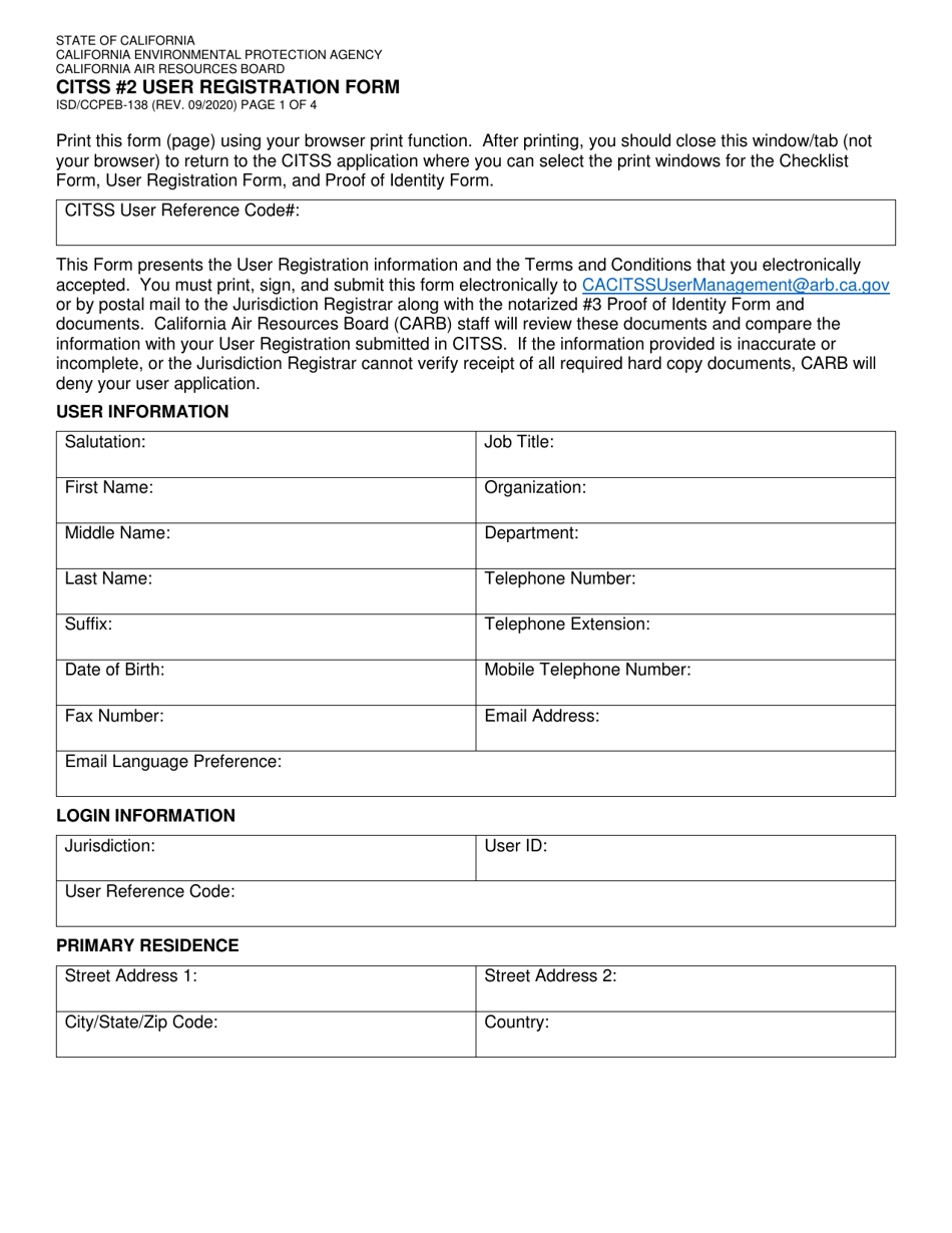 Form ISD / CCPEB-138 Citss #2 User Registration Form - California, Page 1