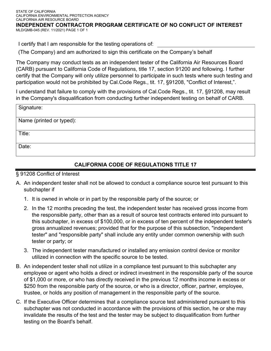 Form MLD / QMB-045 Independent Contractor Program Certificate of No Conflict of Interest - California, Page 1