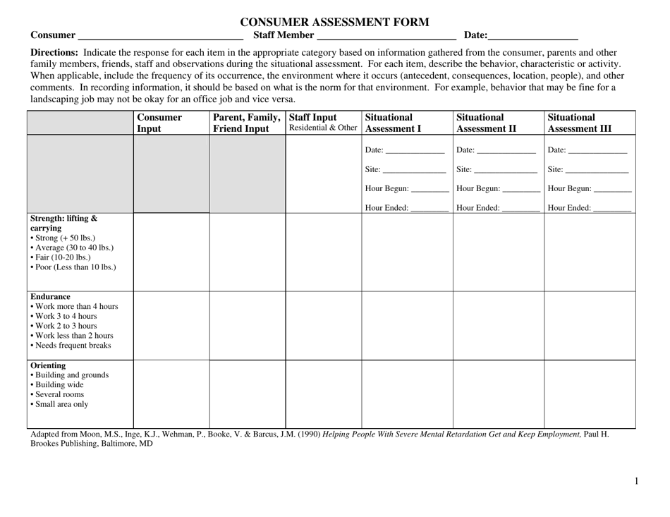 Consumer Assessment Form - Texas, Page 1