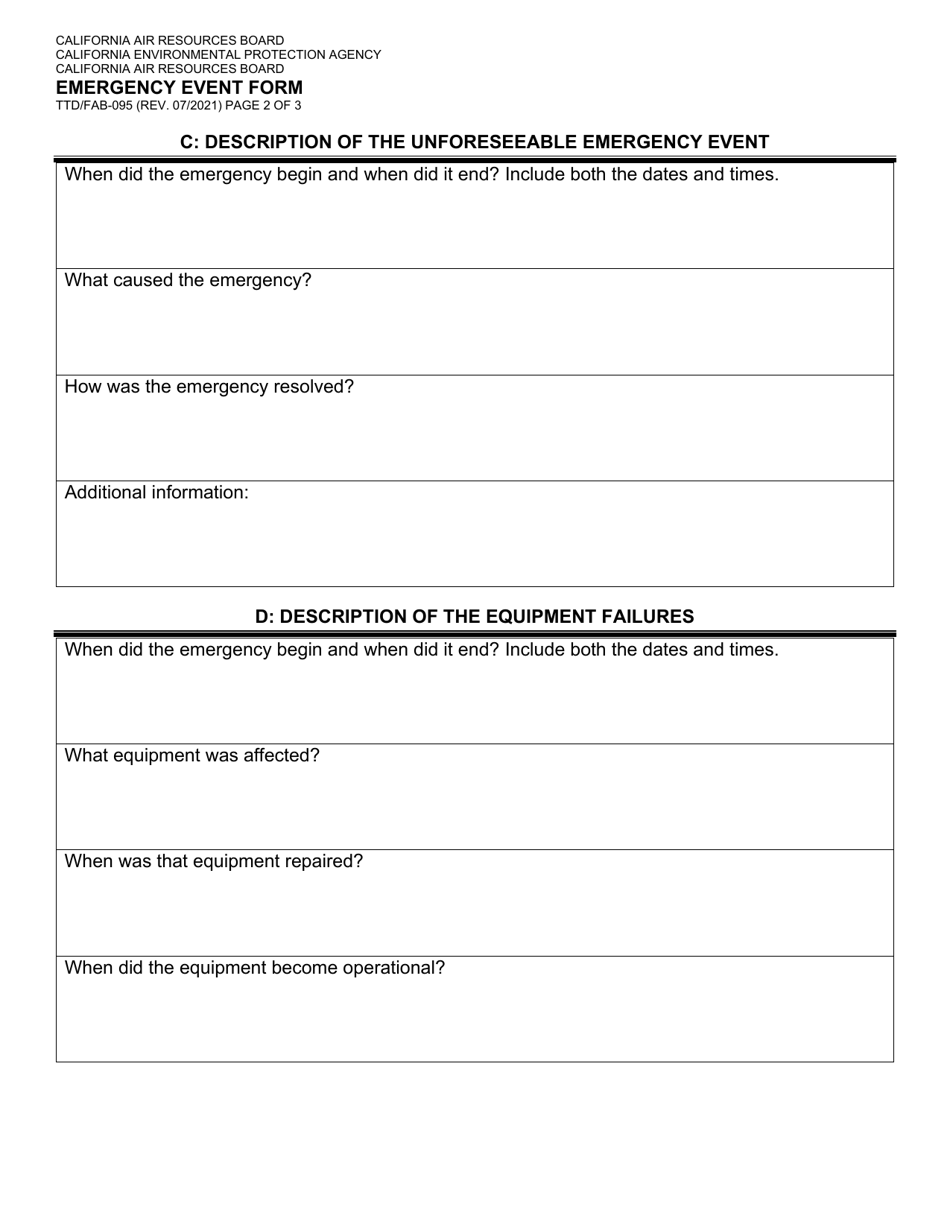 Form TTD / FAB-095 Emergency Event Form - California, Page 2