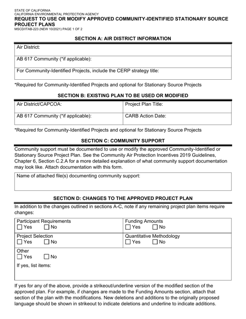 Form MSCD/ITAB-223 Request to Use or Modify Approved Community-Identified Stationary Source Project Plans - California