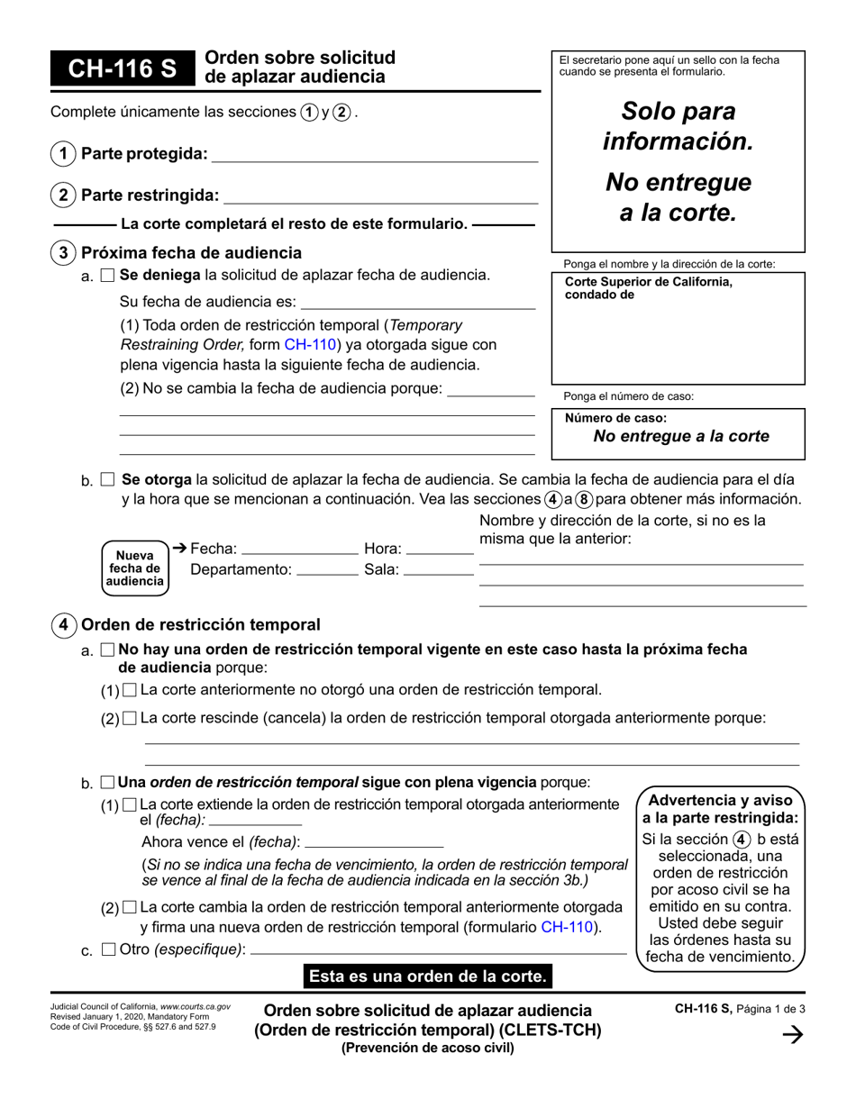 Formulario CH-116 Orden Sobre Solicitud De Aplazar Audiencia - California (Spanish), Page 1