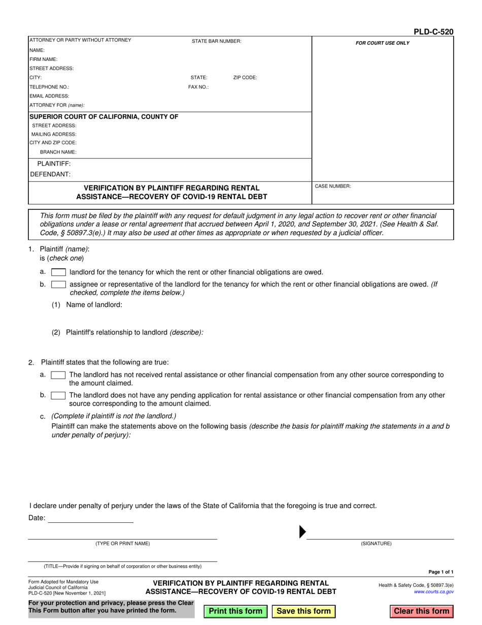 Form PLD-C-520 Verification by Plaintiff Regarding Rental Assistance - Recovery of Covid-19 Rental Debt - California, Page 1