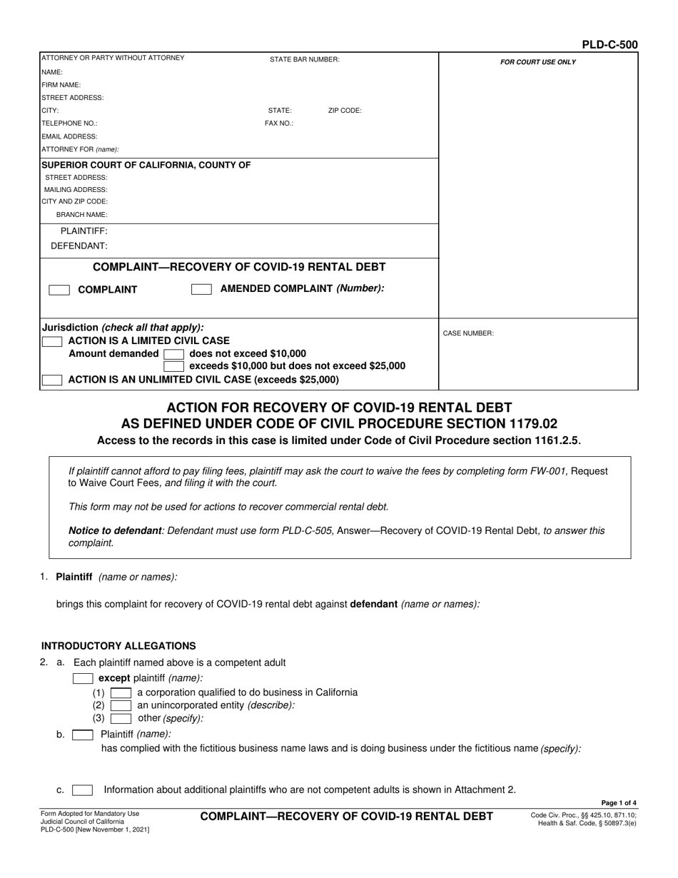 Form PLD-C-500 Complaint - Recovery of Covid-19 Rental Debt - California, Page 1
