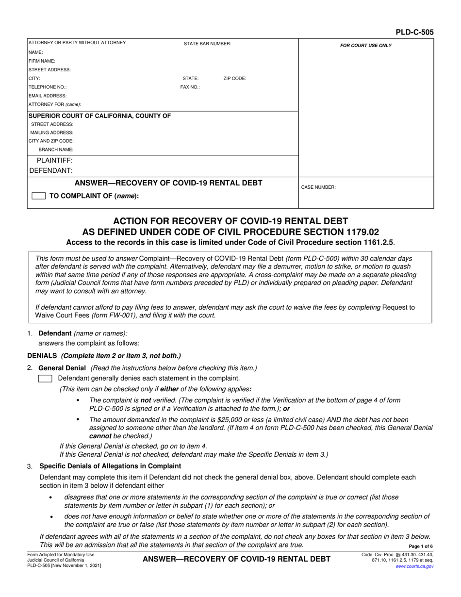 Form PLD-C-505 Answer - Recovery of Covid-19 Rental Debt - California, Page 1