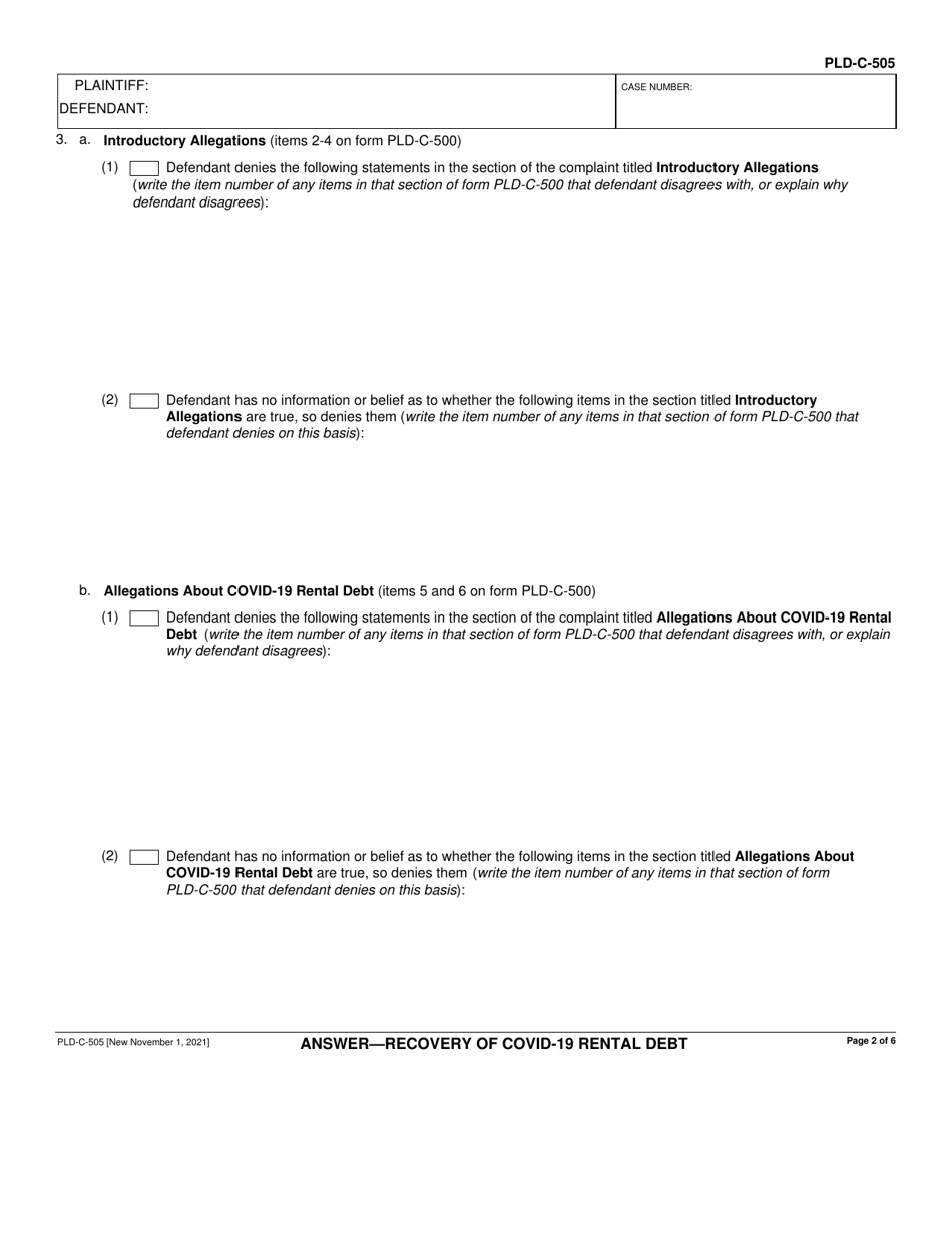 Form PLD-C-505 Answer - Recovery of Covid-19 Rental Debt - California, Page 2