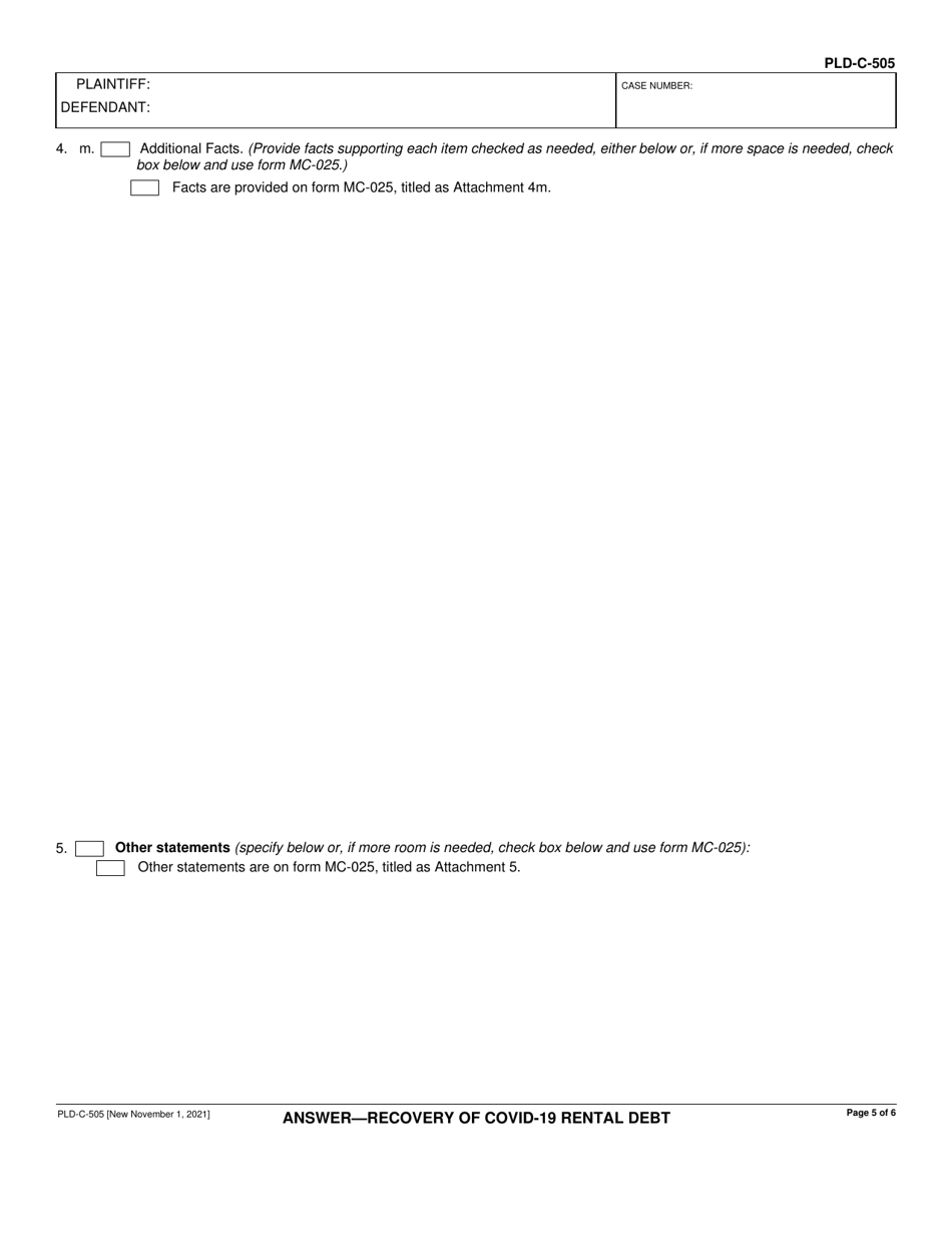 Form PLD-C-505 Answer - Recovery of Covid-19 Rental Debt - California, Page 5