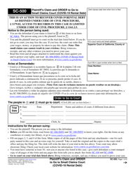 Form SC-500 &quot;Plaintiff's Claim and Order to Go to Small Claims Court (Covid-19 Rental Debt)&quot; - California (English/Spanish)