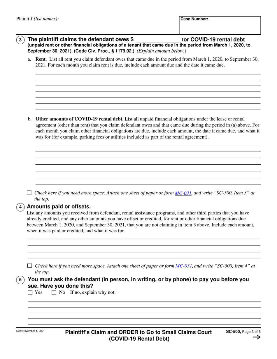 Form SC-500 Plaintiffs Claim and Order to Go to Small Claims Court (Covid-19 Rental Debt) - California (English / Spanish), Page 3