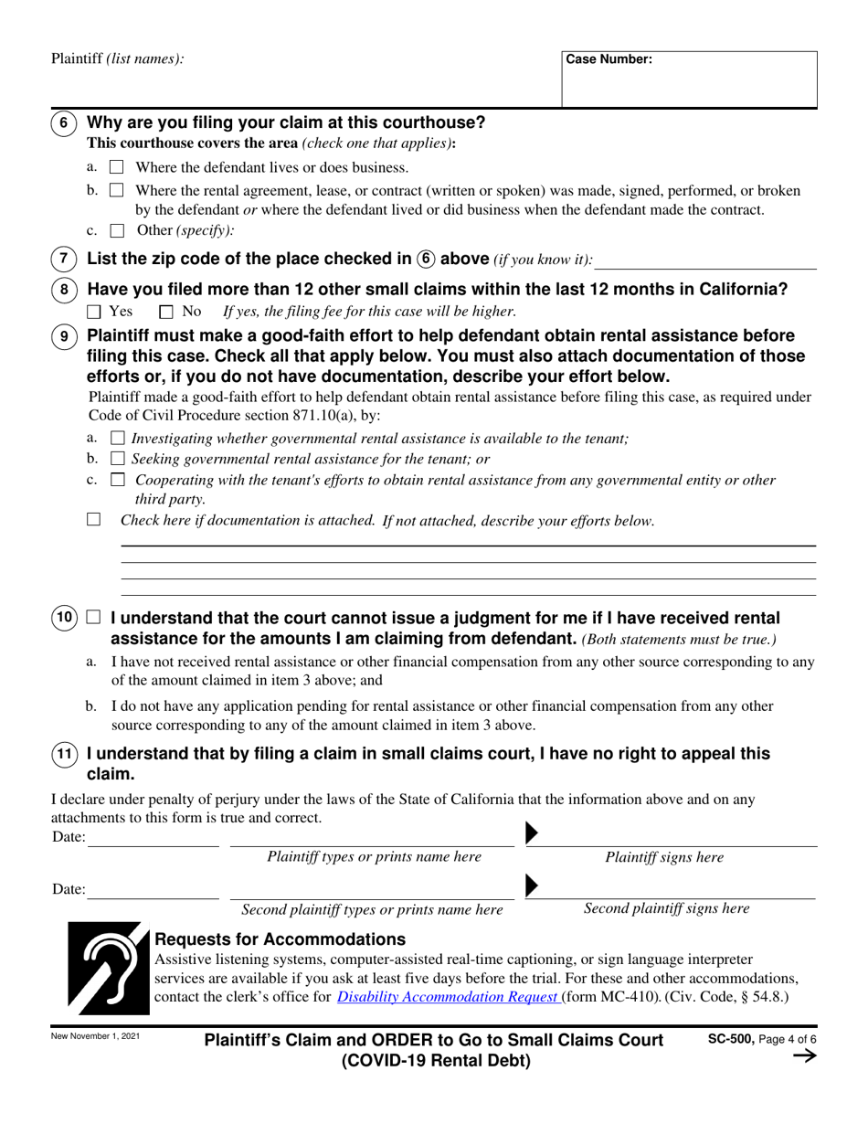 Form SC-500 Plaintiffs Claim and Order to Go to Small Claims Court (Covid-19 Rental Debt) - California (English / Spanish), Page 4