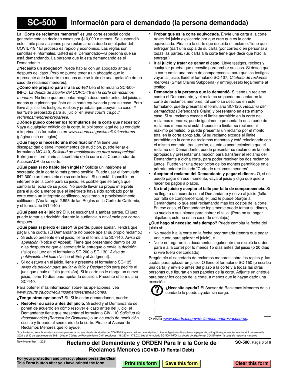 Form SC-500 Plaintiffs Claim and Order to Go to Small Claims Court (Covid-19 Rental Debt) - California (English / Spanish), Page 6