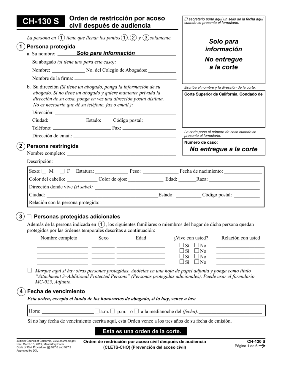 Formulario CH-130 Orden De Restriccion Por Acoso Civil Despues De Audiencia - California (Spanish), Page 1