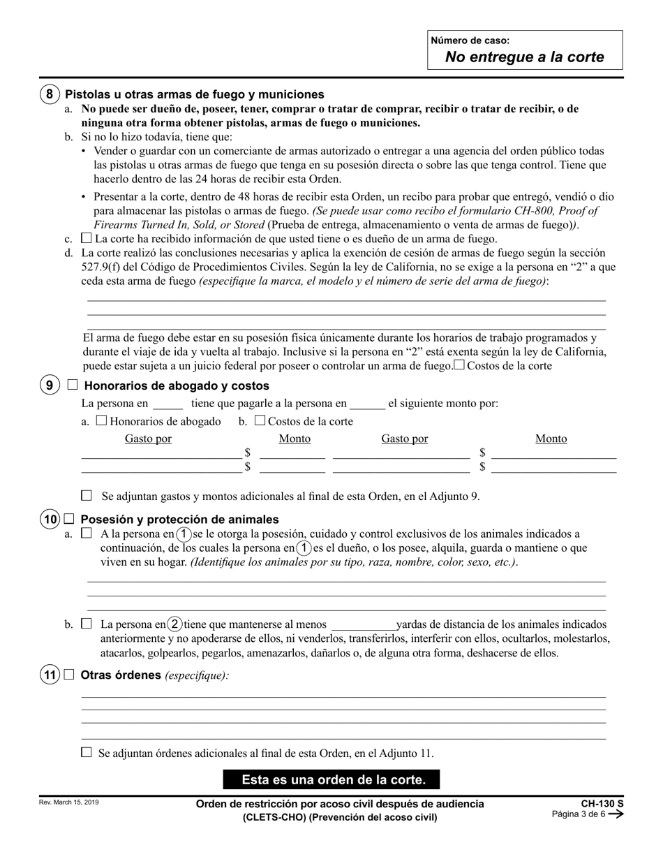 Formulario CH-130 Orden De Restriccion Por Acoso Civil Despues De Audiencia - California (Spanish), Page 3