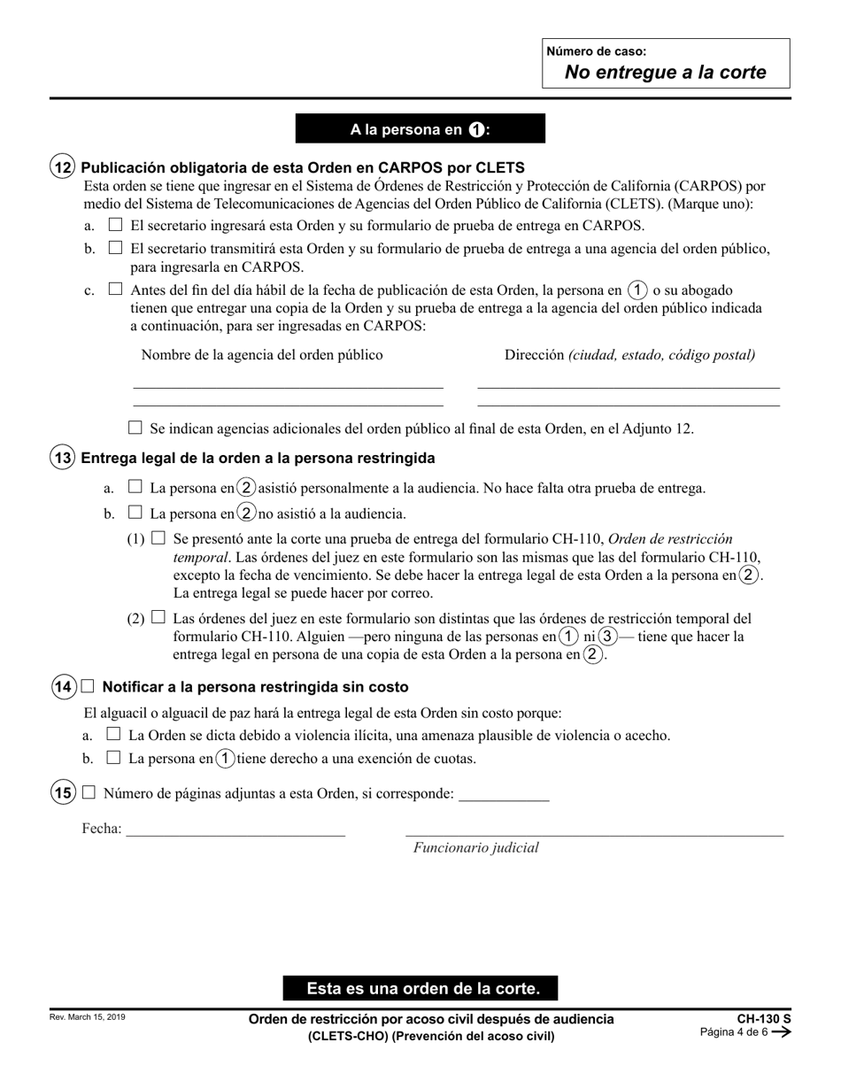 Formulario CH-130 Orden De Restriccion Por Acoso Civil Despues De Audiencia - California (Spanish), Page 4