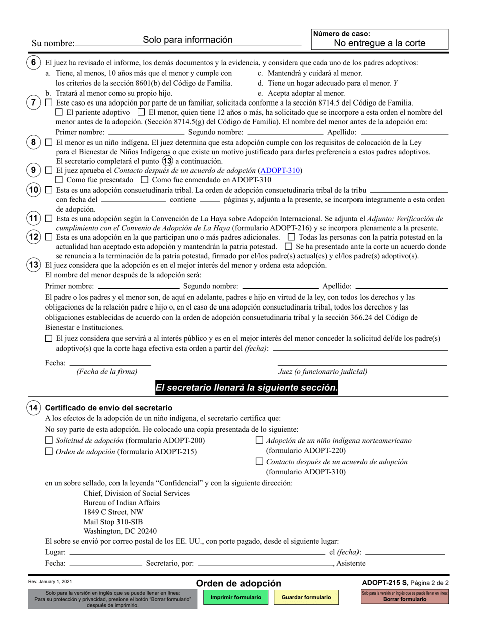 Formulario ADOPT-215 Orden De Adopcion - California (Spanish), Page 2