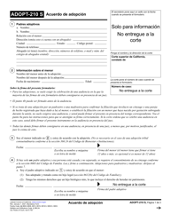 Document preview: Formulario ADOPT-210 Acuerdo De Adopcion - California (Spanish)
