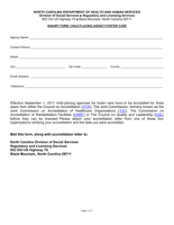 Document preview: Inquiry Form - Child Placing Agency - Foster Care - North Carolina