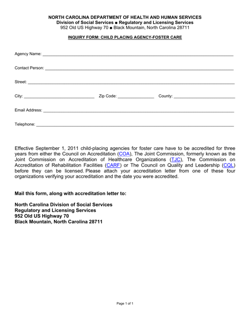 Inquiry Form - Child Placing Agency - Foster Care - North Carolina Download Pdf