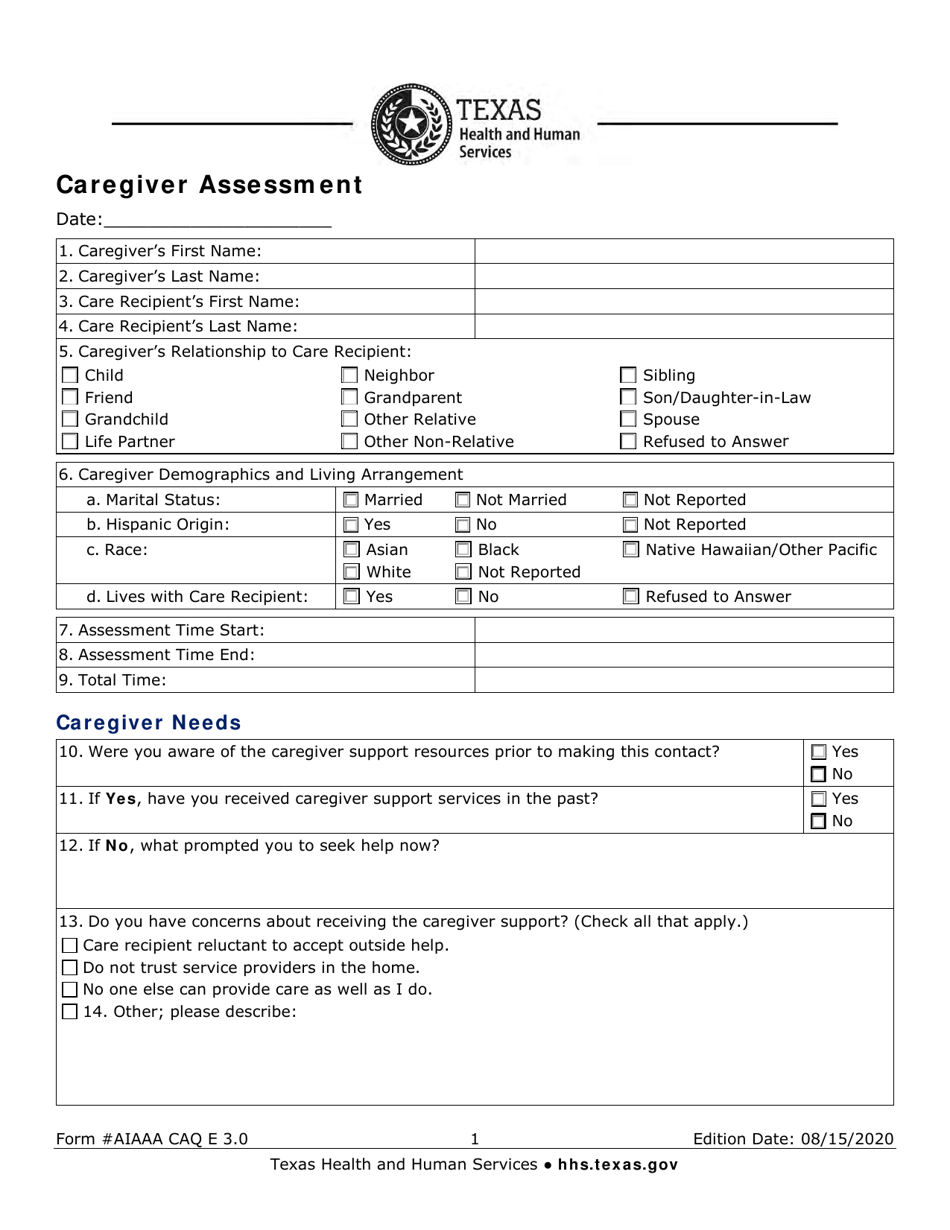 Form AIAAA CAQ E3.0 Caregiver Assessment - Texas, Page 1