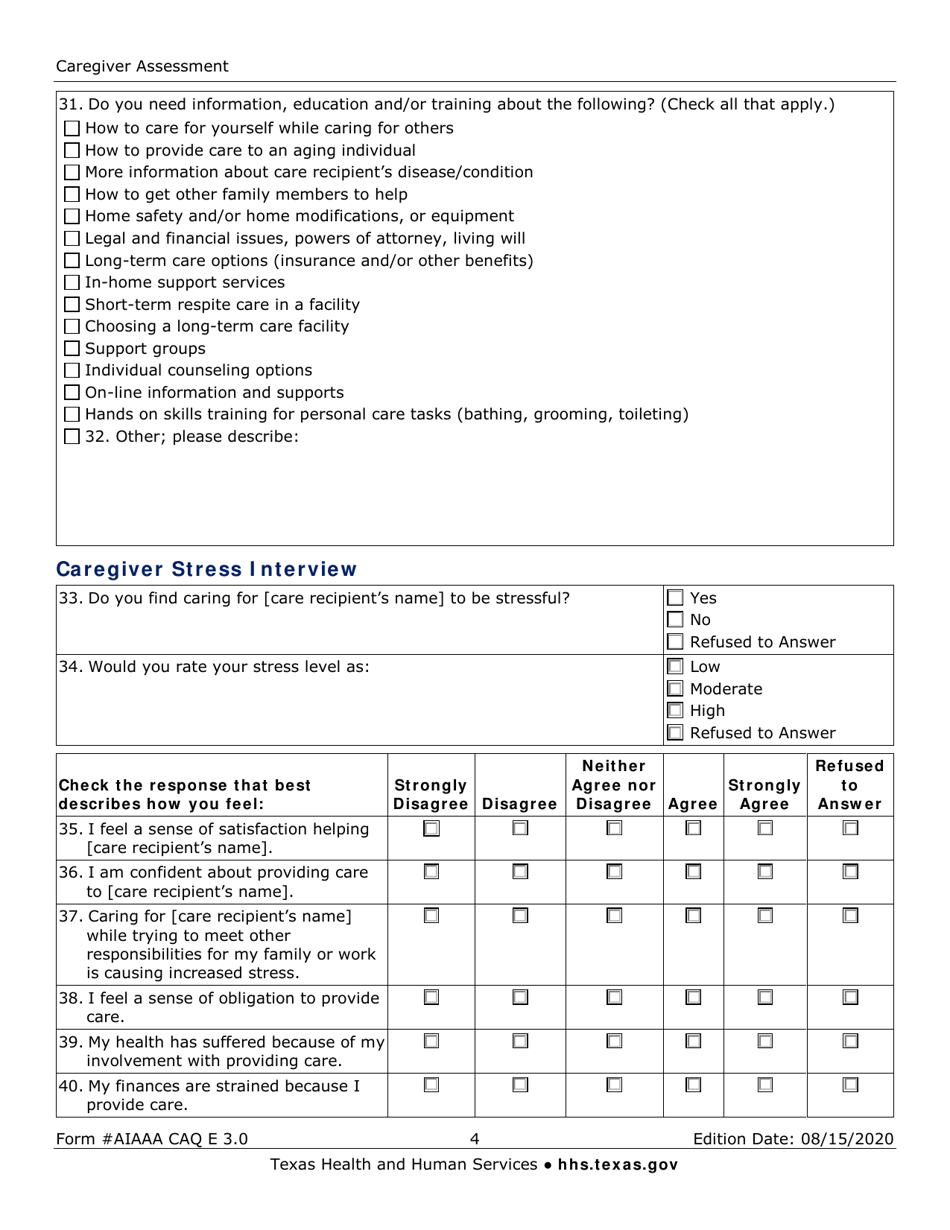 Form AIAAA CAQ E3.0 Caregiver Assessment - Texas, Page 4