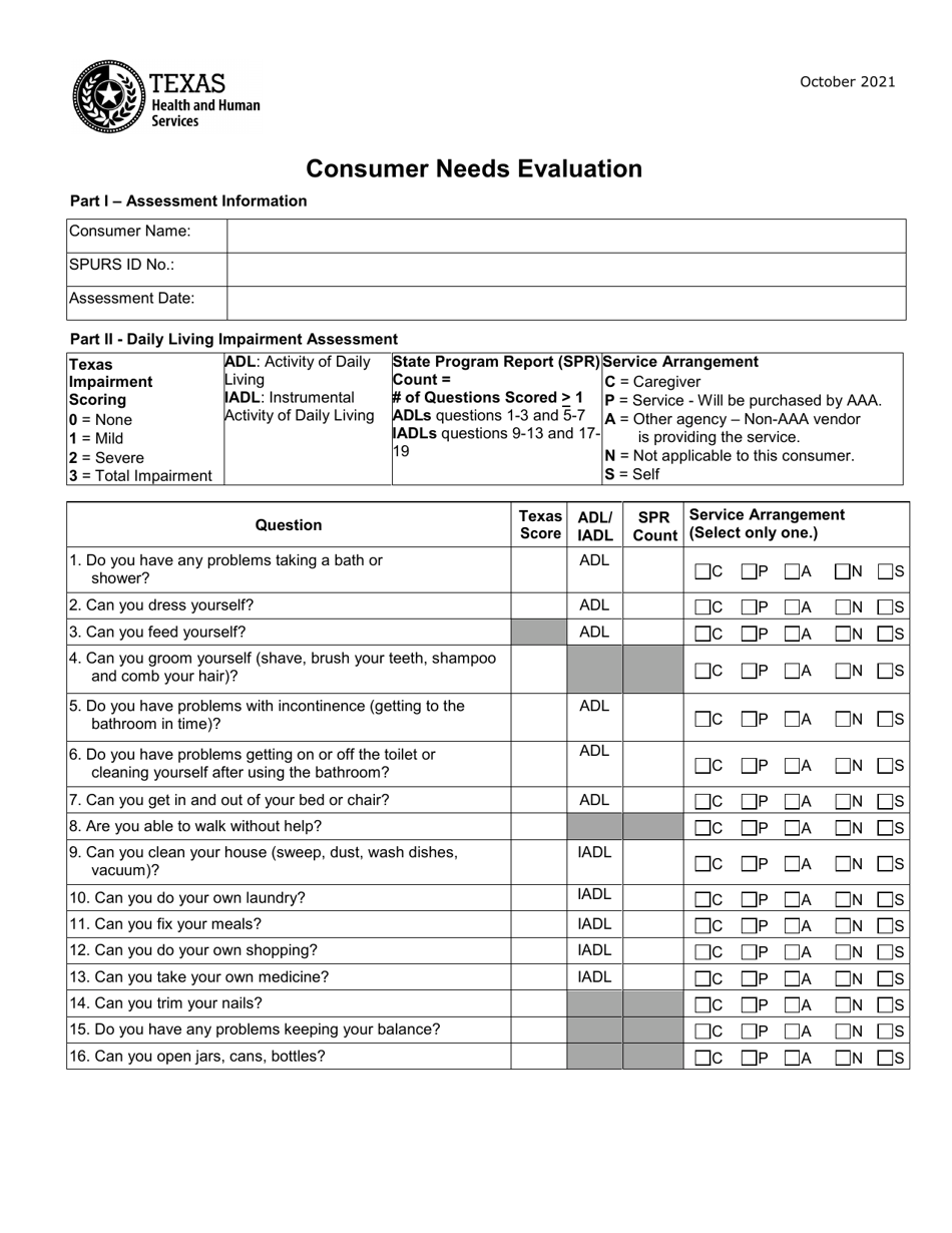 Consumer Needs Evaluation - Texas, Page 1