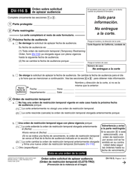 Document preview: Formulario DV-116 Orden Sobre Solicitud De Aplazar Audiencia - California (Spanish)