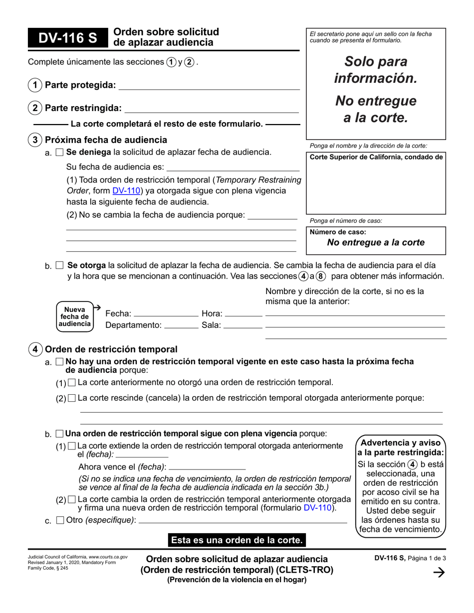 Formulario DV-116 Orden Sobre Solicitud De Aplazar Audiencia - California (Spanish), Page 1