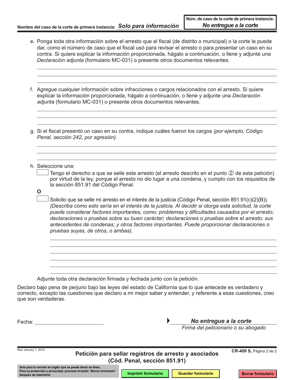 Formulario CR-409 Peticion Para Sellar Registros De Arresto Y Asociados - California (Spanish), Page 2