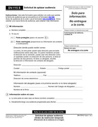 Document preview: Formulario DV-115 Solicitud De Aplazar Audiencia - California (Spanish)