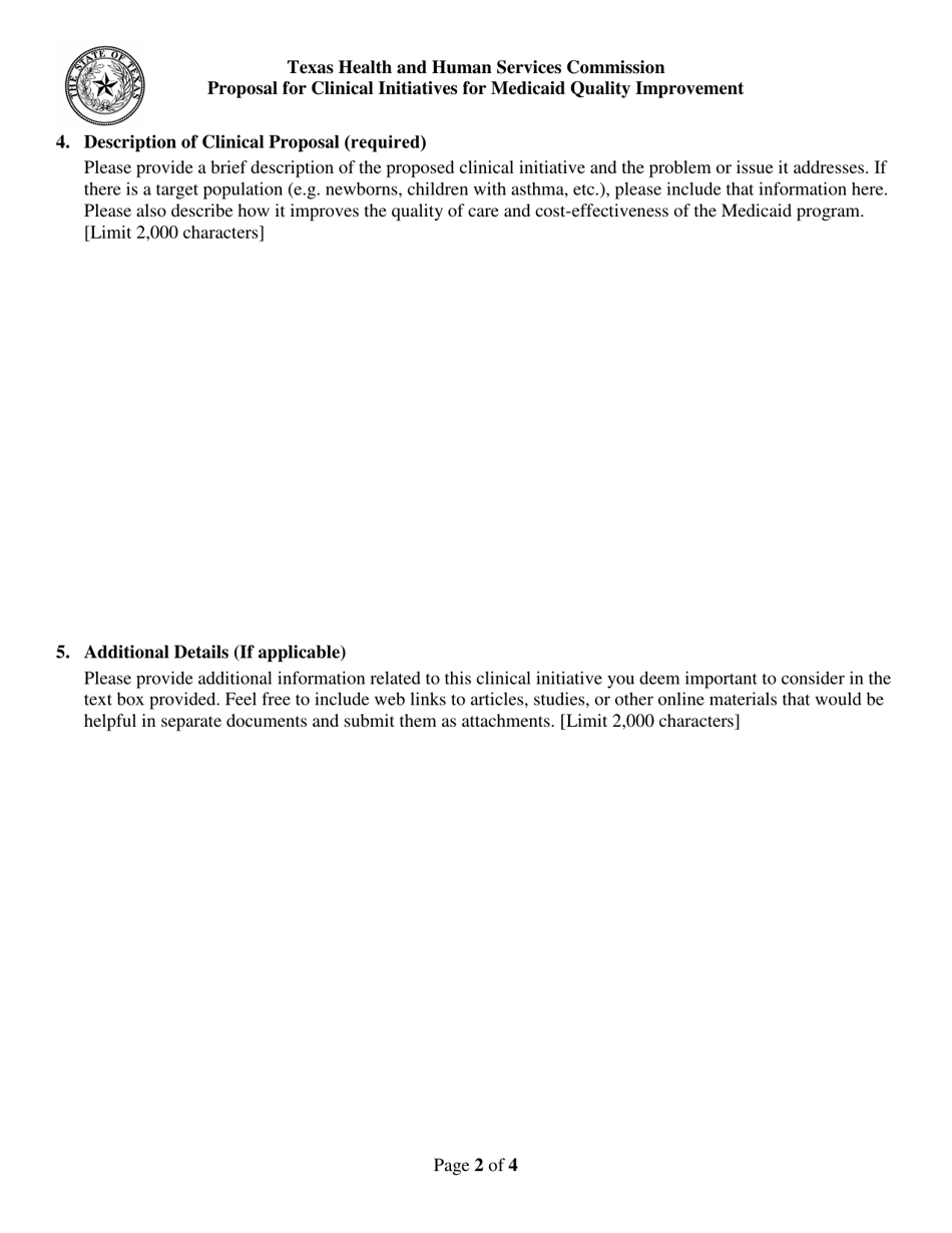 Proposal for Clinical Initiatives for Medicaid Quality Improvement - Texas, Page 2