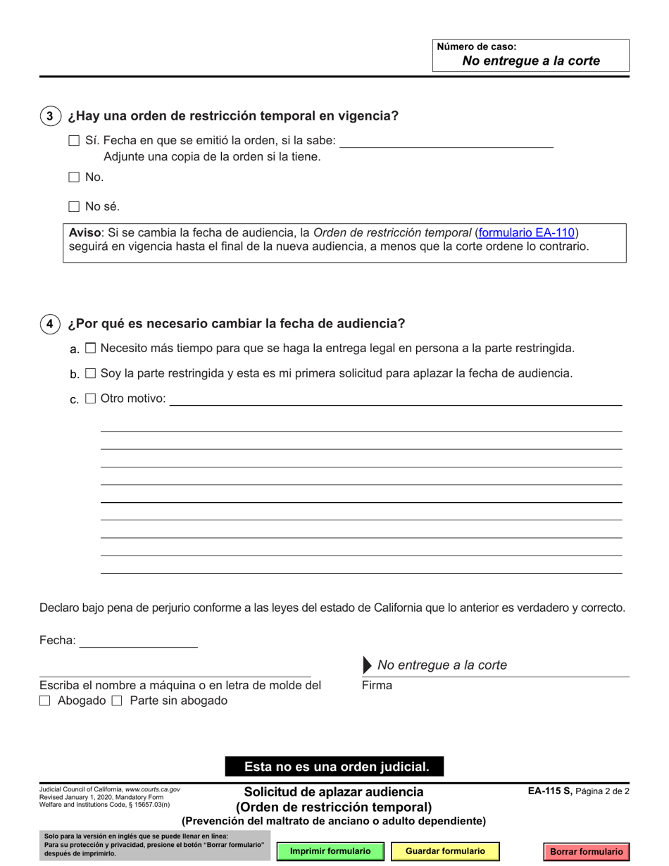 Formulario EA-115 Solicitud De Aplazar Audiencia - California (Spanish), Page 2