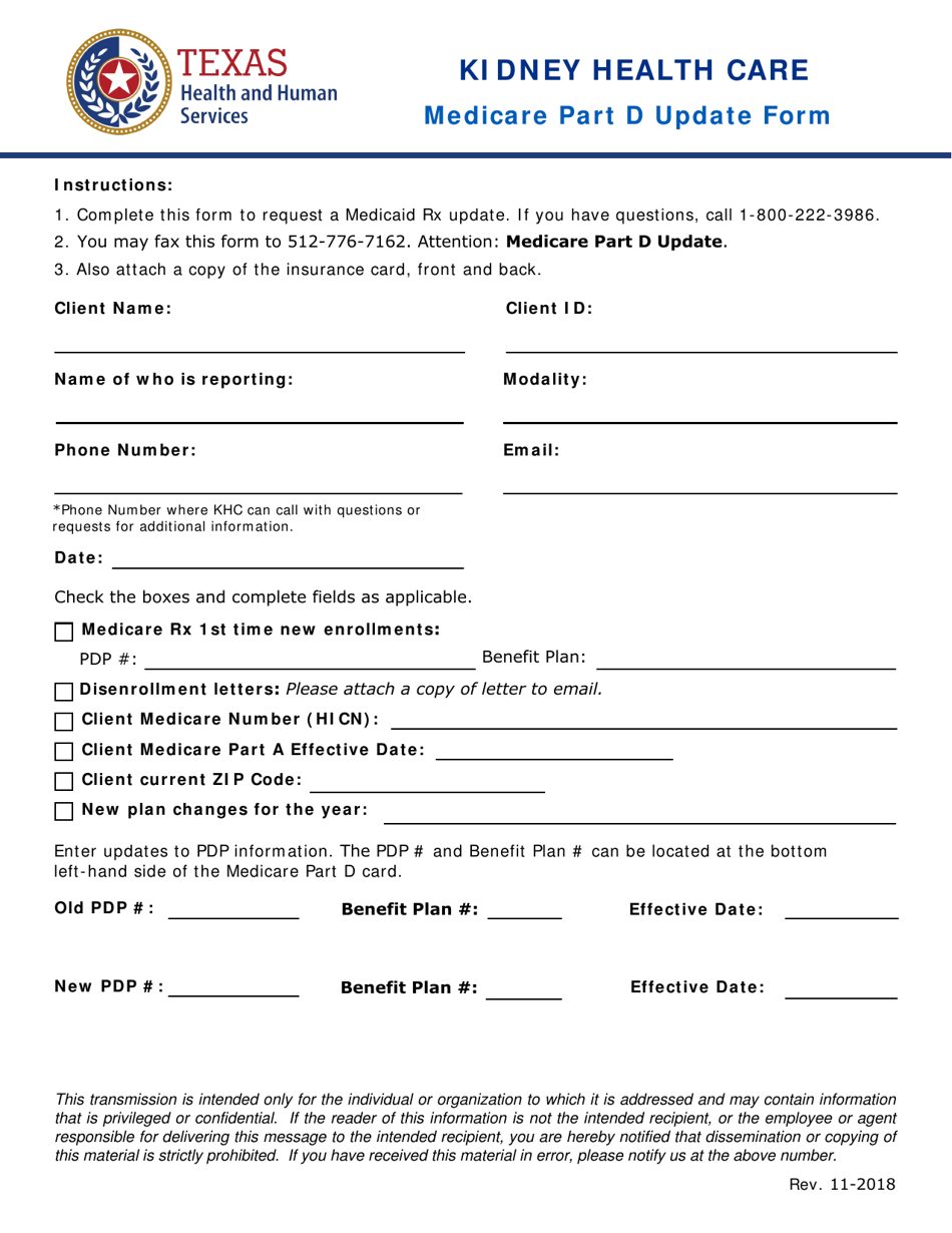 Kidney Health Care Medicare Part D Update Form - Texas, Page 1