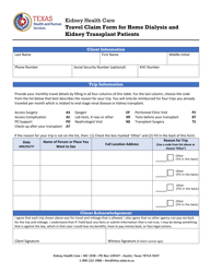 Document preview: Kidney Health Care Travel Claim Form for Home Dialysis and Kidney Transplant Patients - Texas