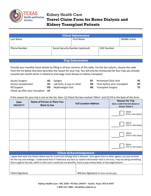 Kidney Health Care Travel Claim Form for Home Dialysis and Kidney Transplant Patients - Texas