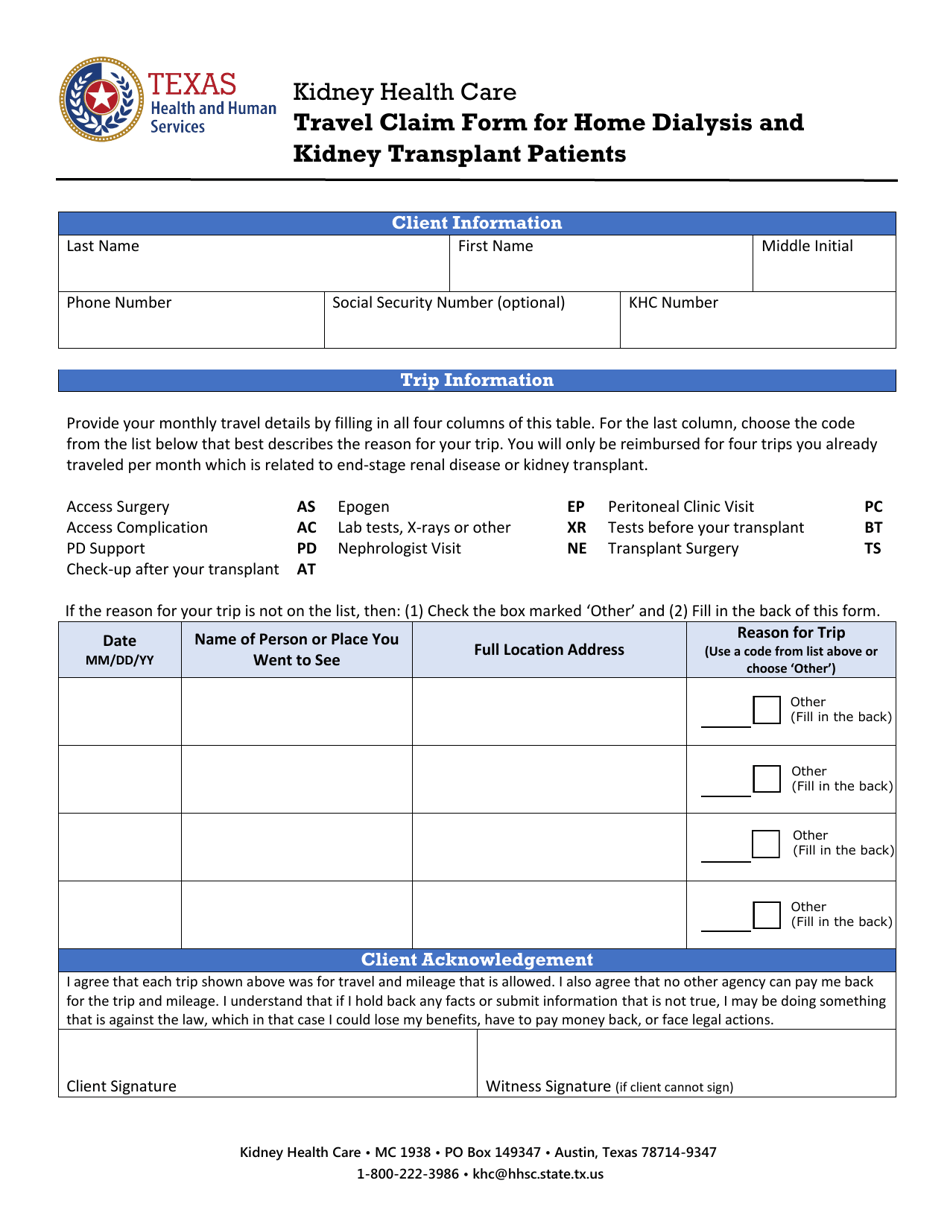 Texas Kidney Health Care Travel Claim Form for Home Dialysis and Kidney Transplant Patients