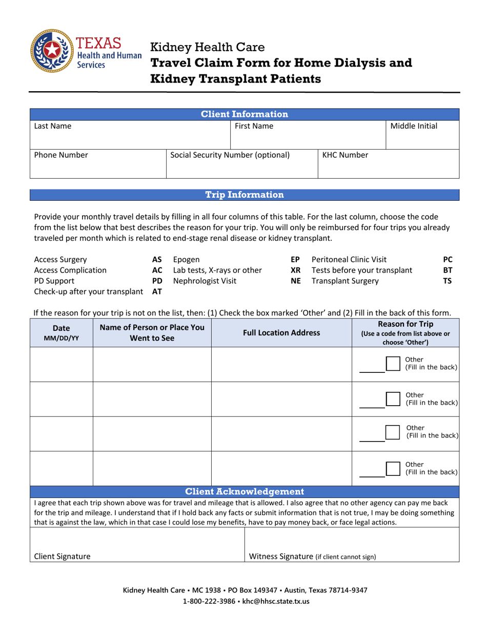 Kidney Health Care Travel Claim Form for Home Dialysis and Kidney Transplant Patients - Texas, Page 1
