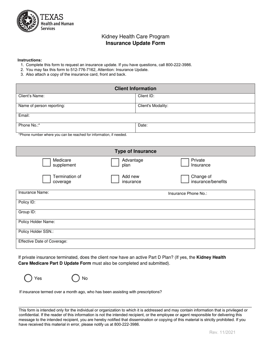Insurance Update Form - Kidney Health Care Program - Texas, Page 1