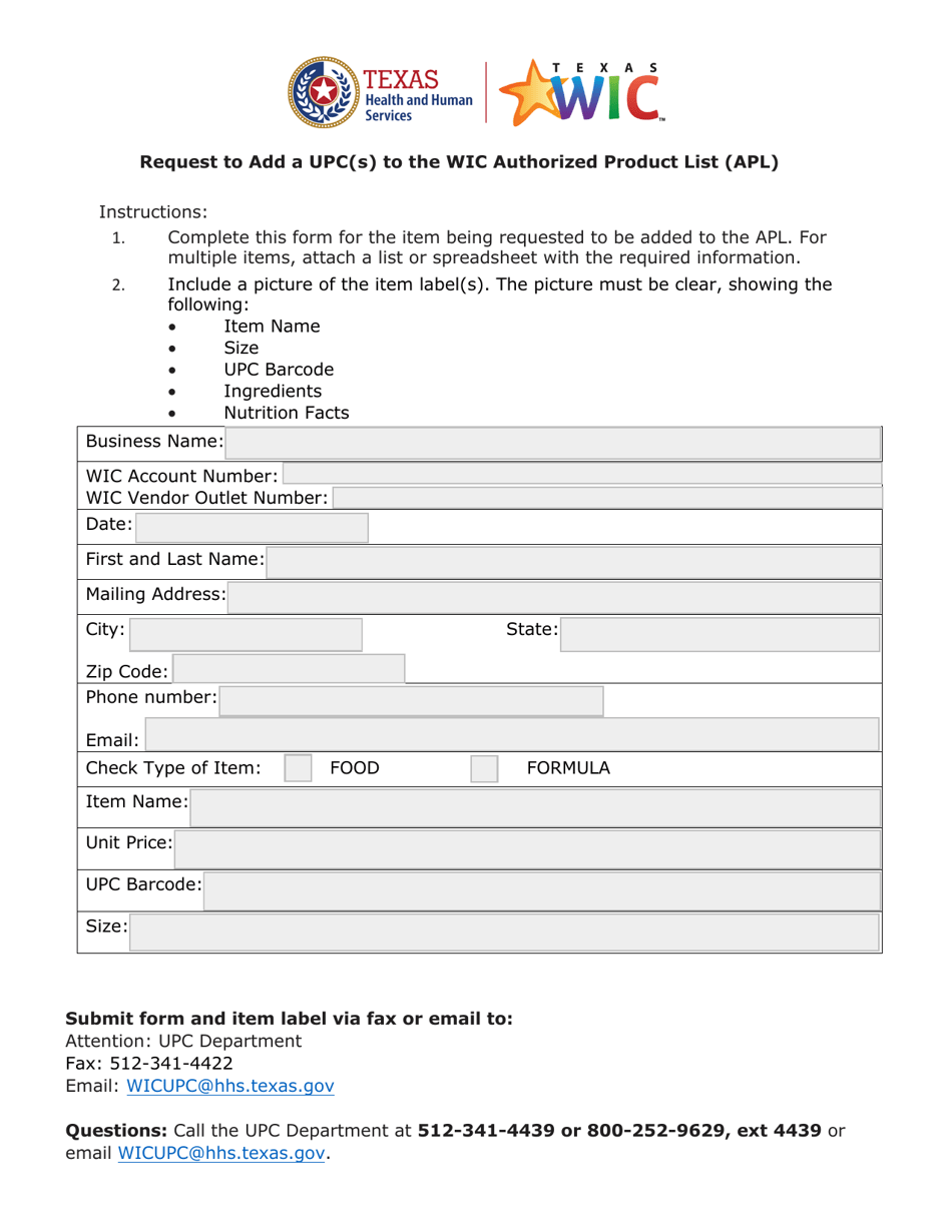 Request to Add a Upc(S) to the Wic Authorized Product List (Apl) - Texas, Page 1