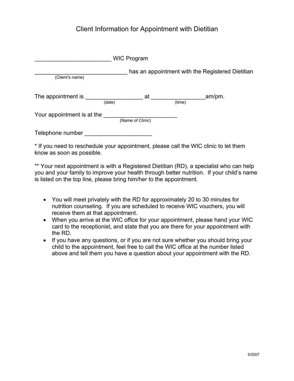 Texas Client Information for Appointment With Dietitian Fill Out