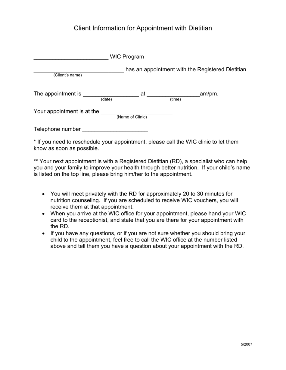 Client Information for Appointment With Dietitian - Texas, Page 1