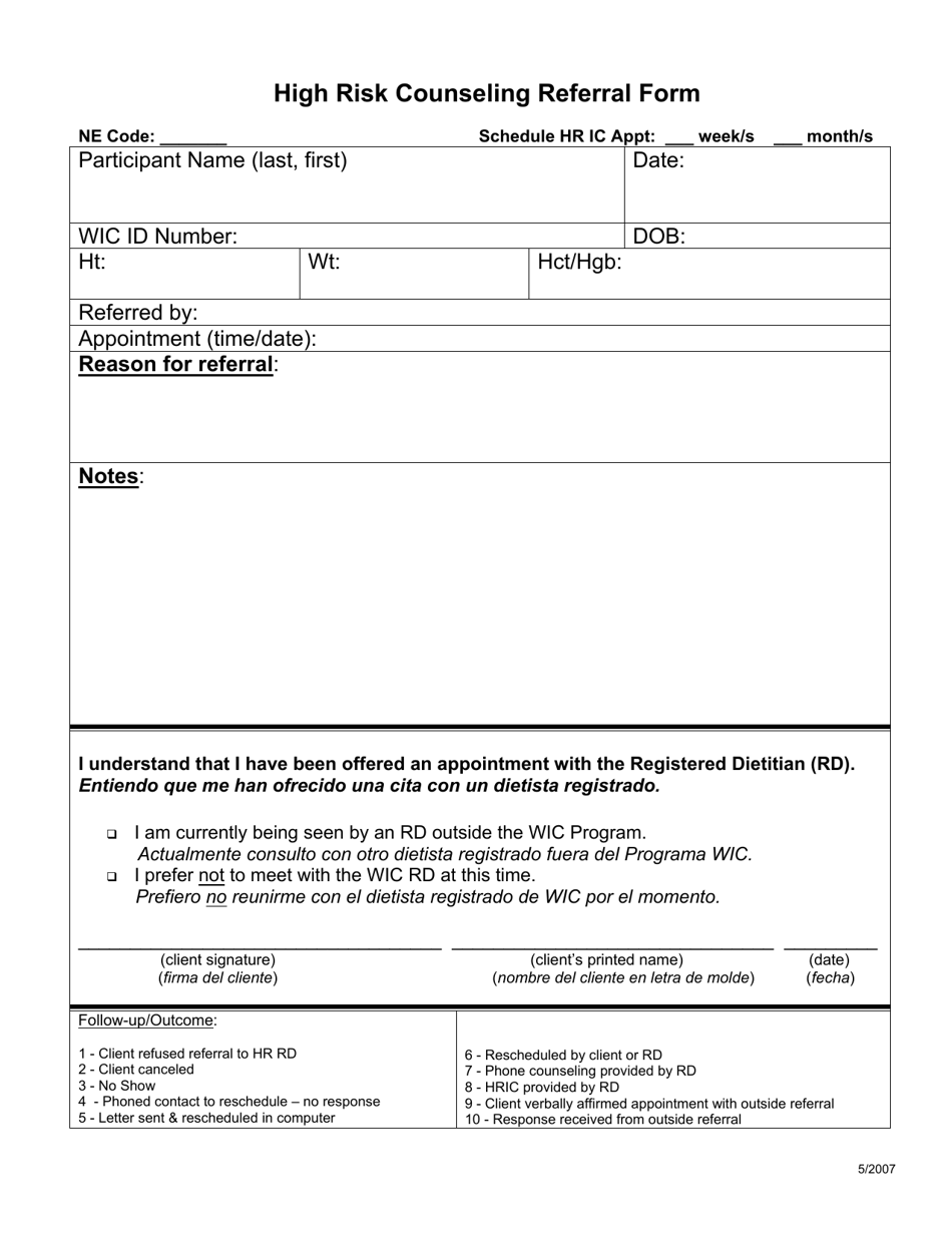 High Risk Counseling Referral Form - Texas, Page 1